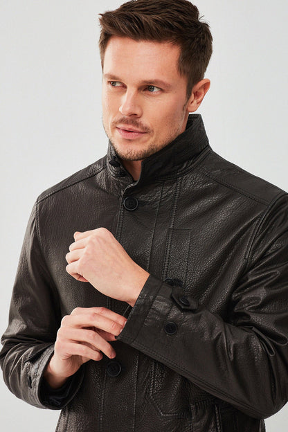 Ederson Erkek Siyah Uzun Deri Trençkot