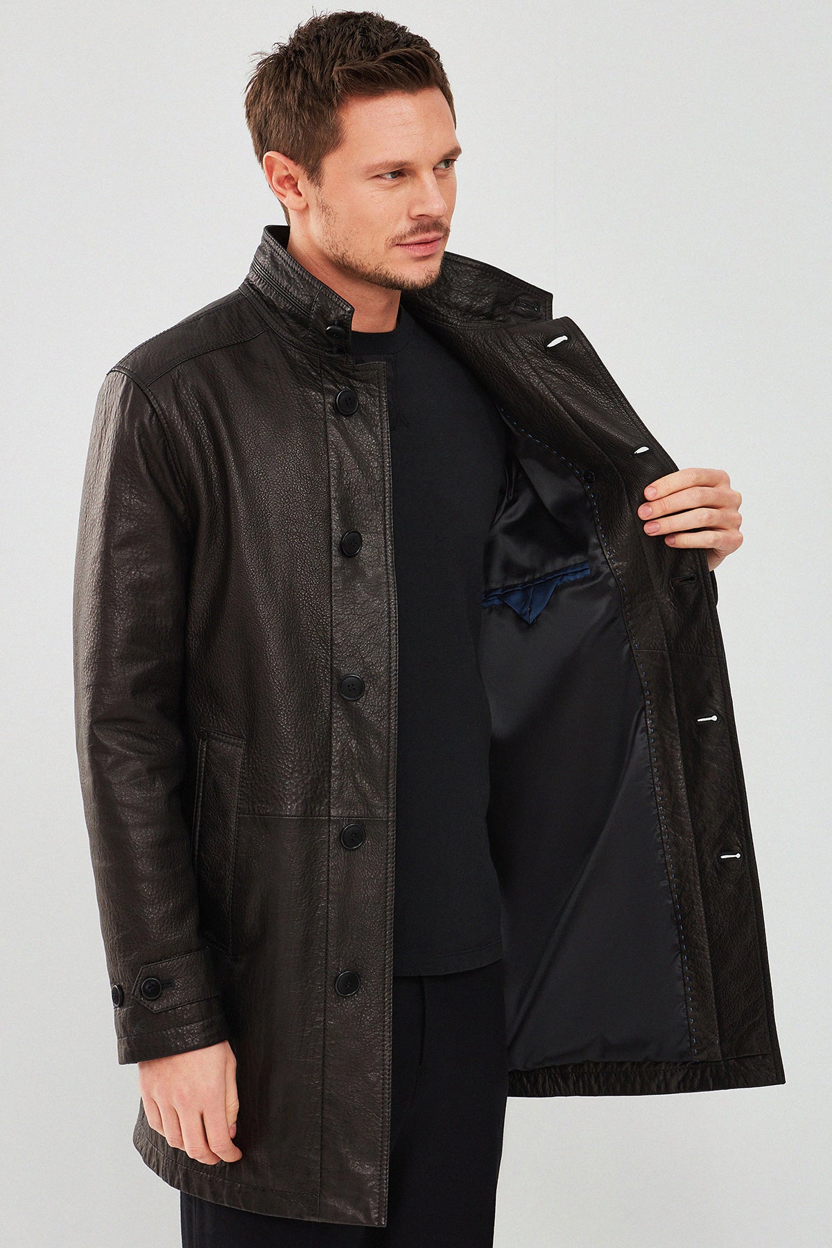 Ederson Erkek Siyah Uzun Deri Trençkot