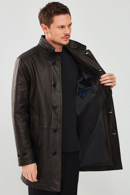 Ederson Erkek Siyah Uzun Deri Trençkot