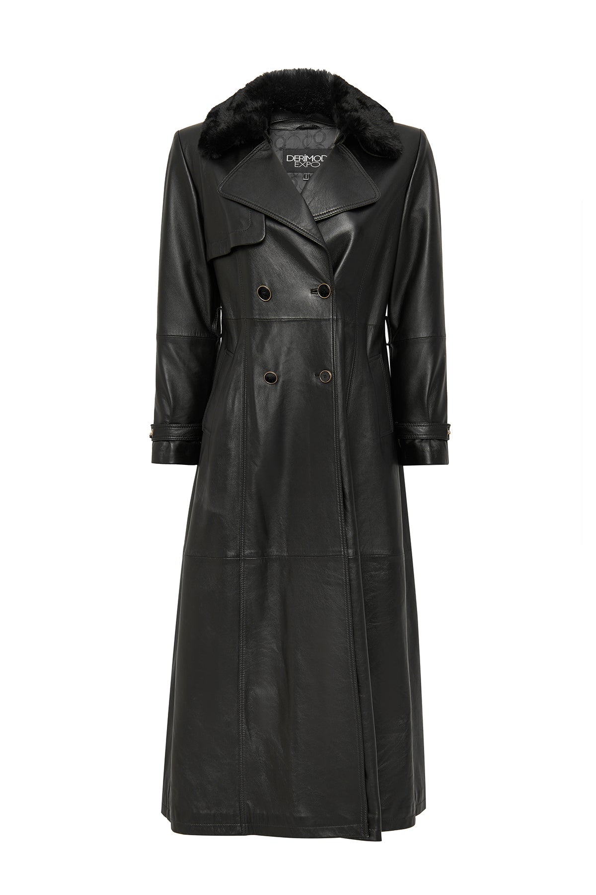 Jenny Kadın Siyah Yaka Kürklü Kemer Detaylı Deri Trençkot