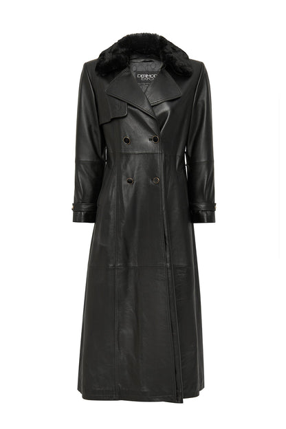 Jenny Kadın Siyah Yaka Kürklü Kemer Detaylı Deri Trençkot