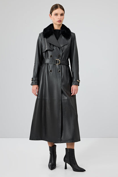 Jenny Kadın Siyah Yaka Kürklü Kemer Detaylı Deri Trençkot