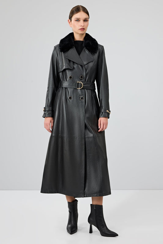 Jenny Kadın Siyah Yaka Kürklü Kemer Detaylı Deri Trençkot