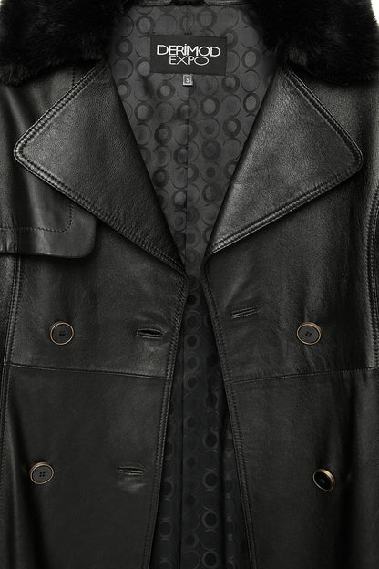 Jenny Kadın Siyah Yaka Kürklü Kemer Detaylı Deri Trençkot