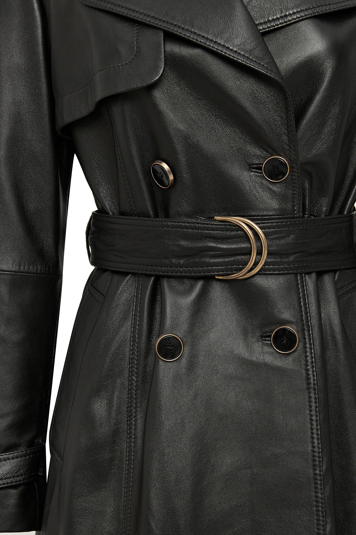 Jenny Kadın Siyah Yaka Kürklü Kemer Detaylı Deri Trençkot