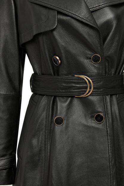 Jenny Kadın Siyah Yaka Kürklü Kemer Detaylı Deri Trençkot