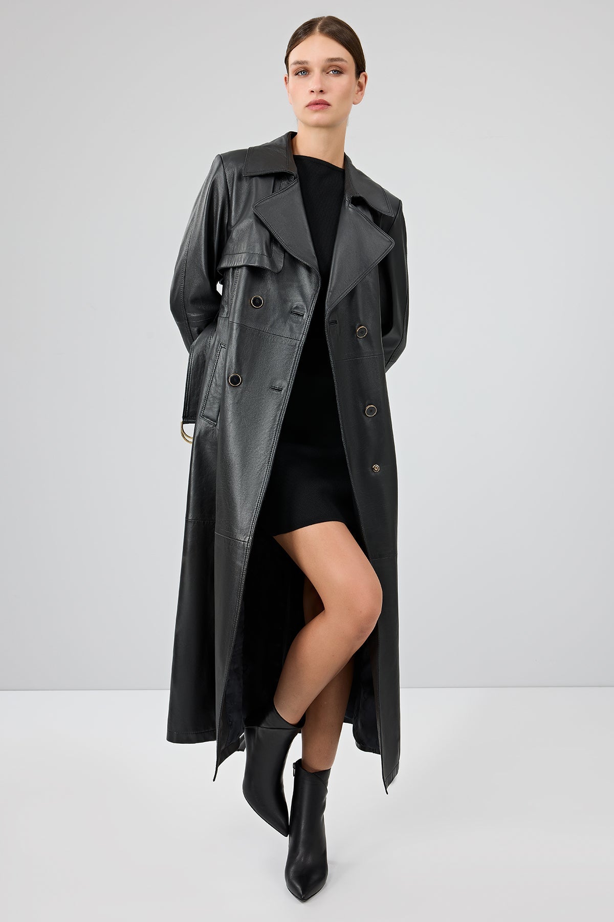 Jenny Kadın Siyah Yaka Kürklü Kemer Detaylı Deri Trençkot