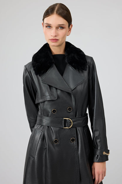 Jenny Kadın Siyah Yaka Kürklü Kemer Detaylı Deri Trençkot