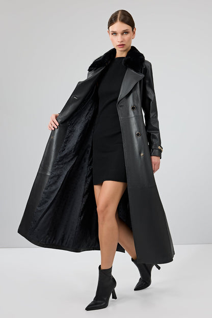 Jenny Kadın Siyah Yaka Kürklü Kemer Detaylı Deri Trençkot