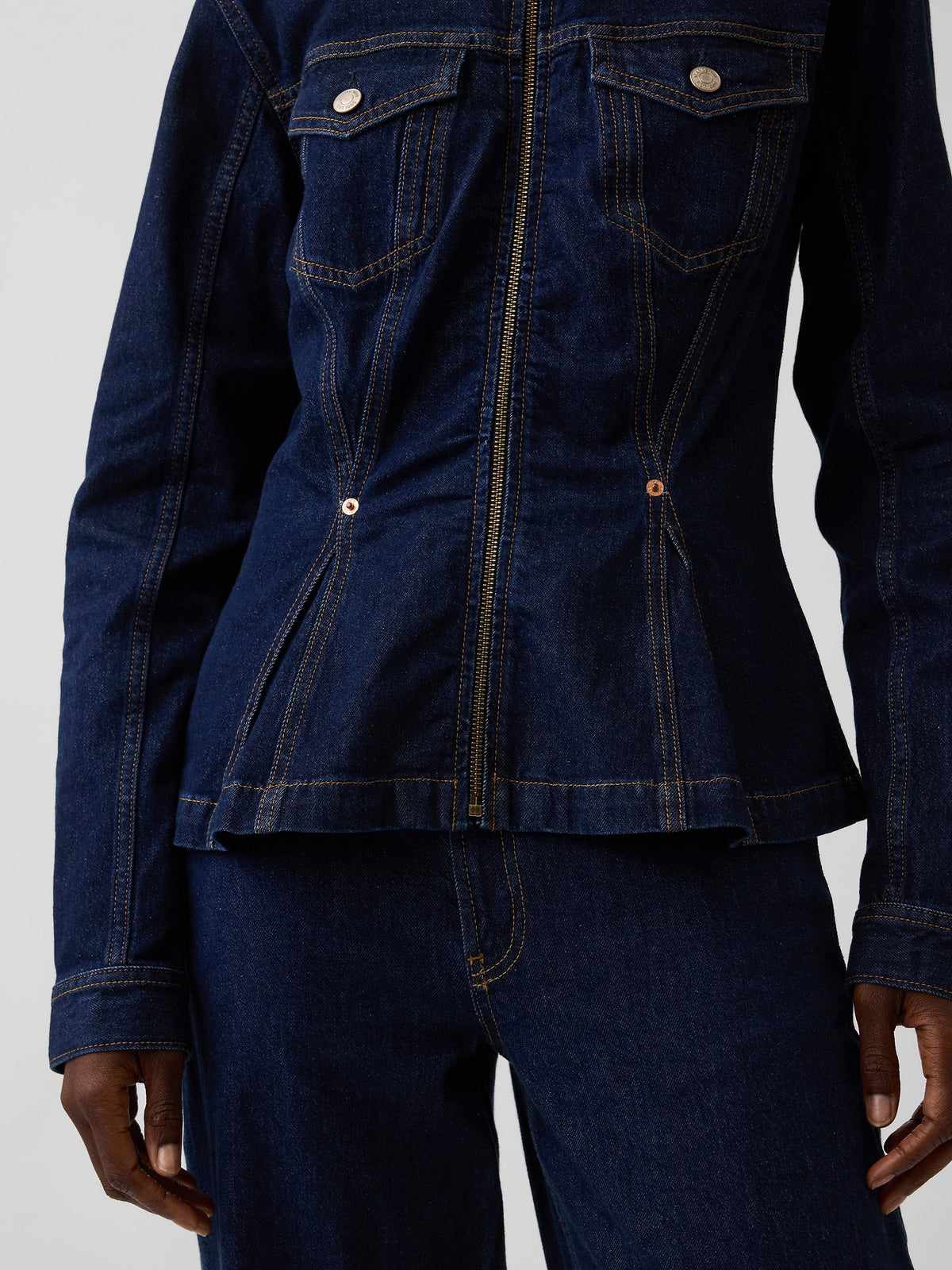 Koyu Mavi Denim Fermuarlı Peplum Ceket