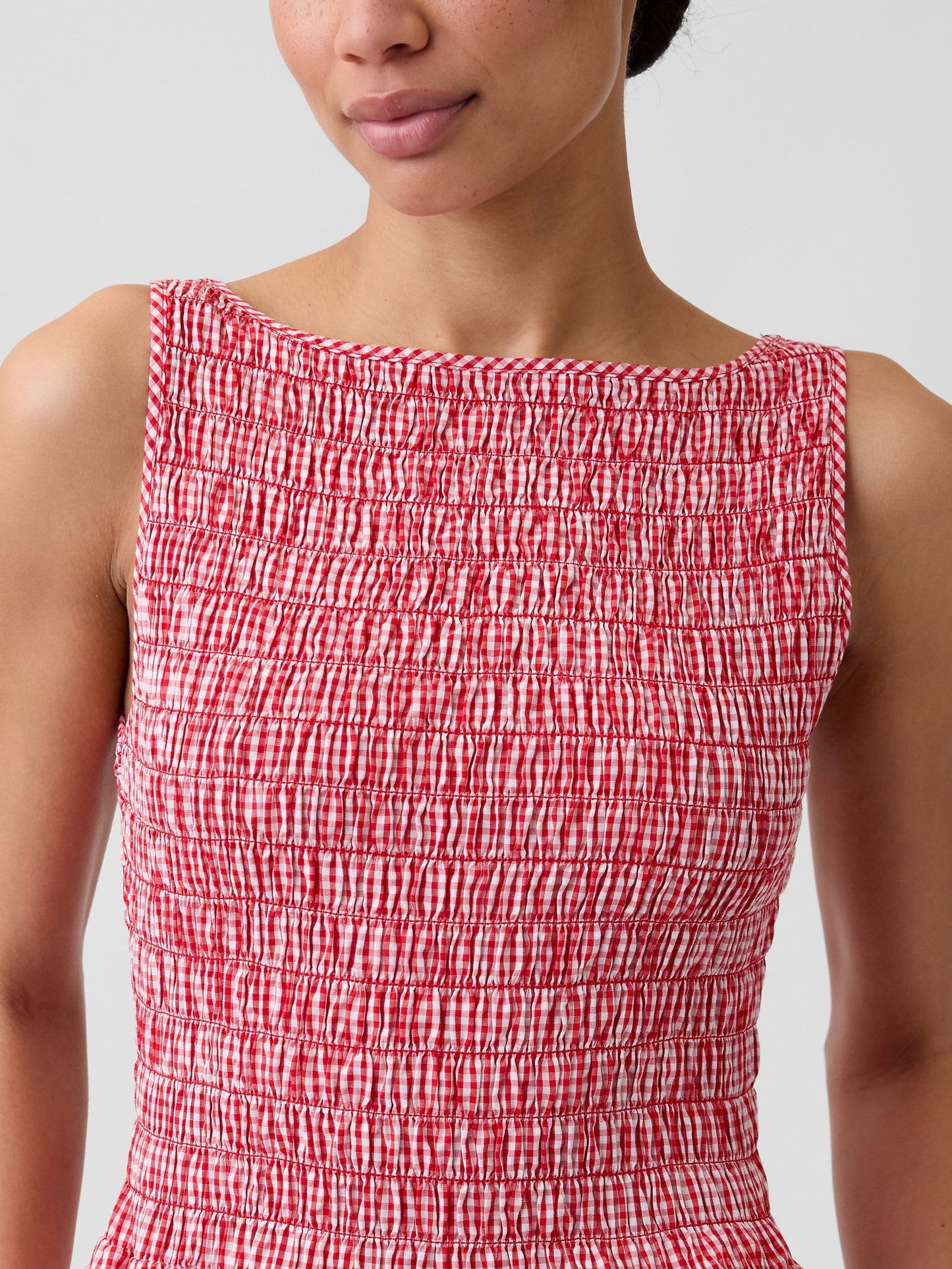 Kırmızı Smocked Boatneck Maxi Elbise