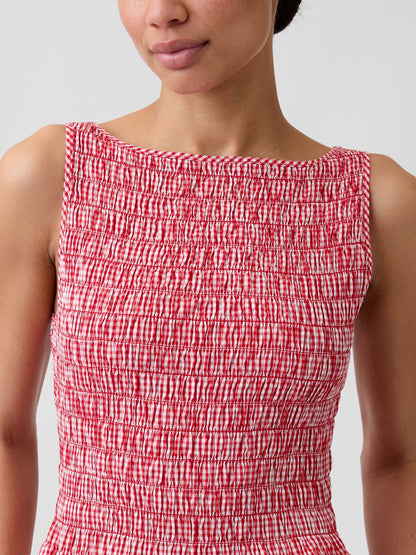 Kırmızı Smocked Boatneck Maxi Elbise