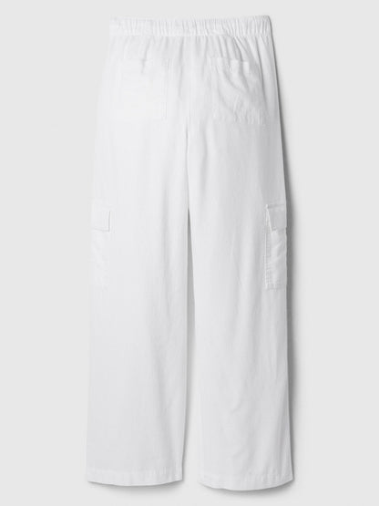 Beyaz Keten Karışımlı Wide-leg Kargo Pull-on Pantolon