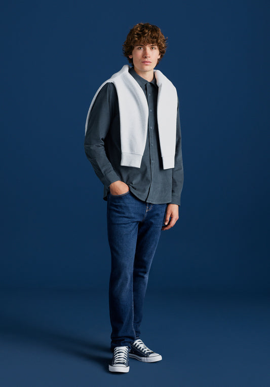 Regular Fit Shirt Neck Düz Erkek Lacivert Uzun Kol Gömlek
