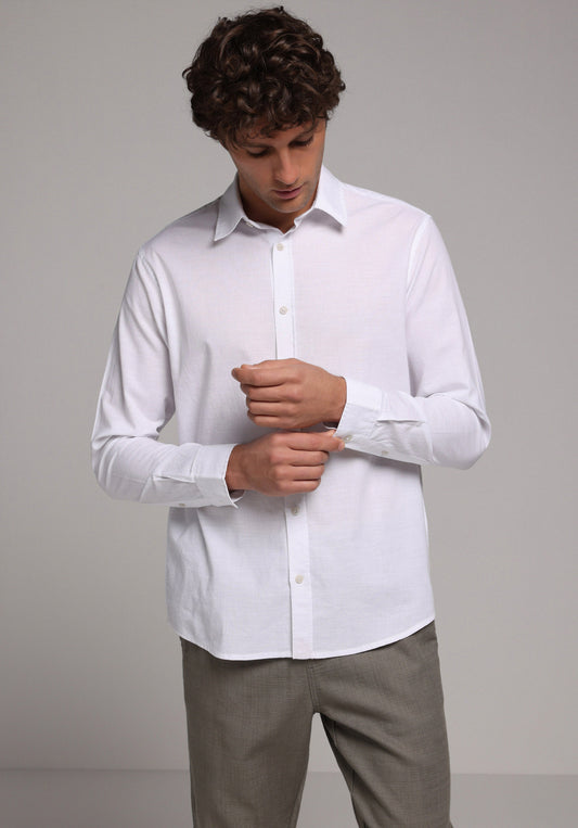 Regular Fit Shirt Neck Cepsiz Düz Erkek Beyaz Uzun Kol Gömlek