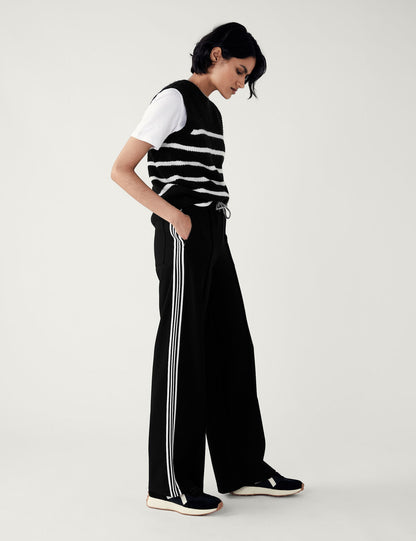 Jersey Yan Şerit Detaylı Wide Leg Pantolon