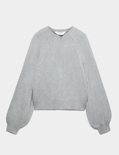Oversize Henley Yaka Örgü Kadın Kazak