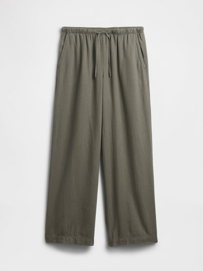 Haki Relaxed Keten Karışımlı Wide-leg Pantolon