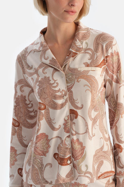 Ekru Şal Desenli Gömlek Pantolon Pijama Takımı