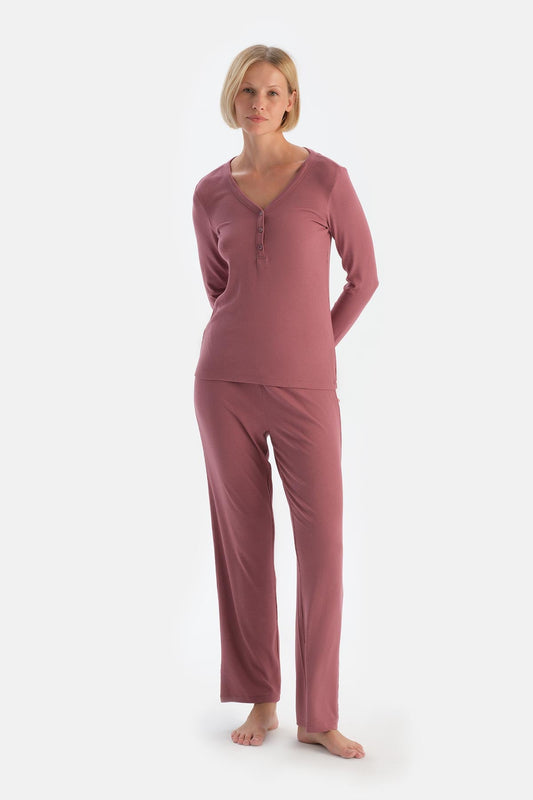 Gül Kurusu V Yaka Düğmeli Kaşkorse Pijama Takımı