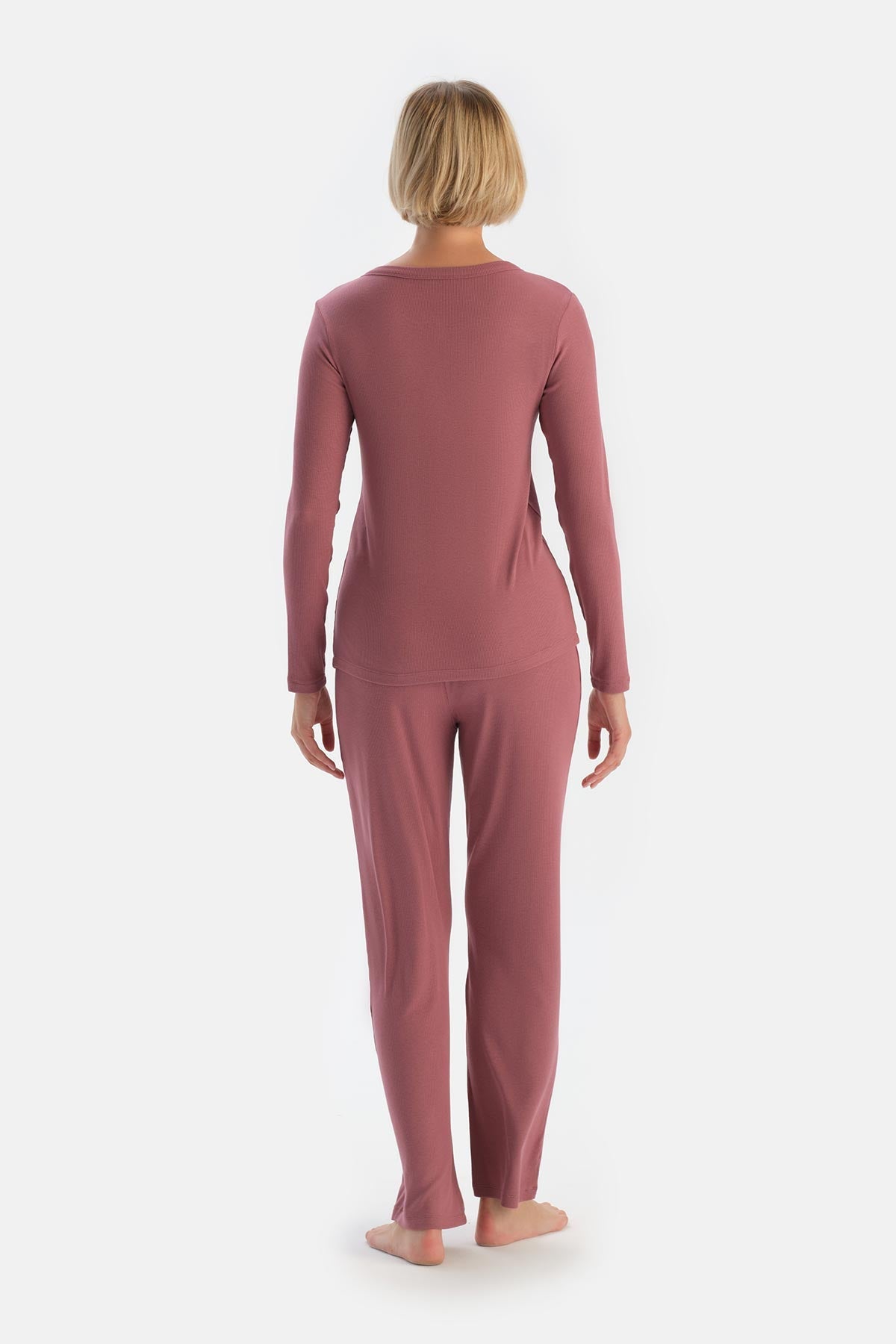 Gül Kurusu V Yaka Düğmeli Kaşkorse Pijama Takımı