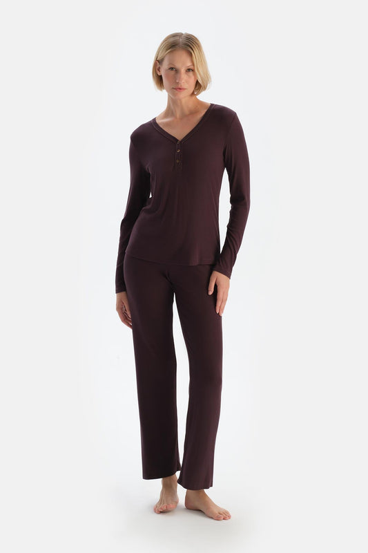 Mürdüm V Yaka Düğmeli Kaşkorse Pijama Takımı