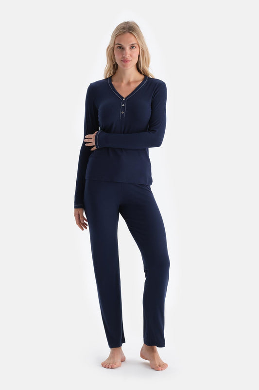 Lacivert V Yaka Düğmeli Kaşkorse Pijama Takımı