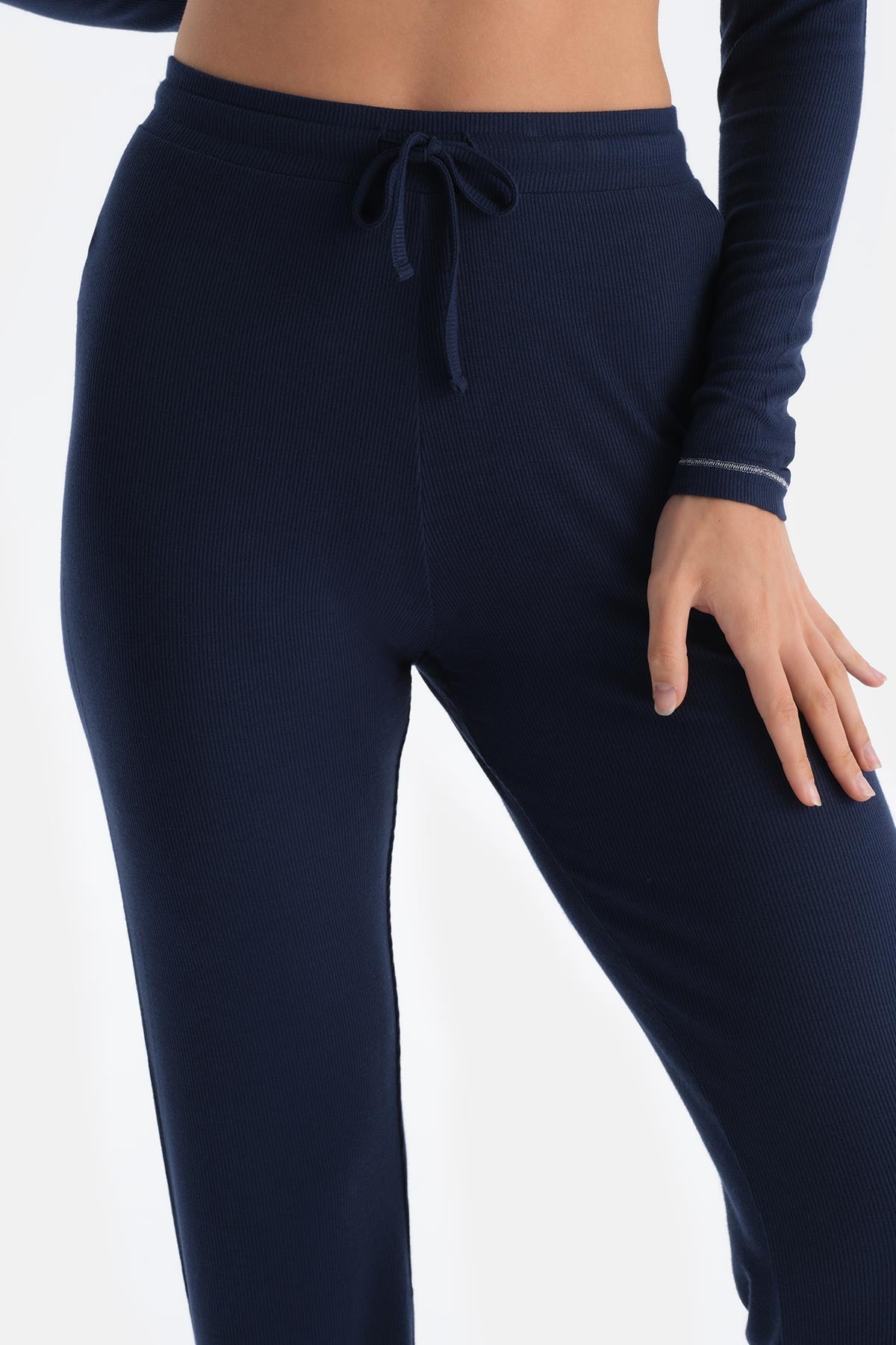 Lacivert V Yaka Düğmeli Kaşkorse Pijama Takımı