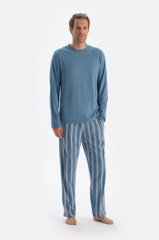 Mavi Bisiklet Yaka Uzun Kollu Tişört Pantolon Pijama Takımıı