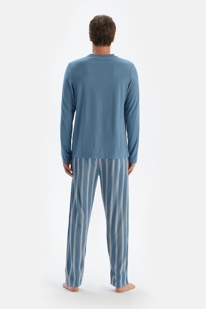 Mavi Bisiklet Yaka Uzun Kollu Tişört Pantolon Pijama Takımıı
