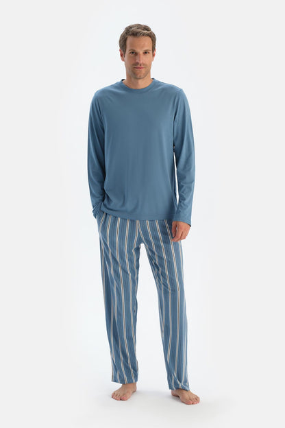 Mavi Bisiklet Yaka Uzun Kollu Tişört Pantolon Pijama Takımıı