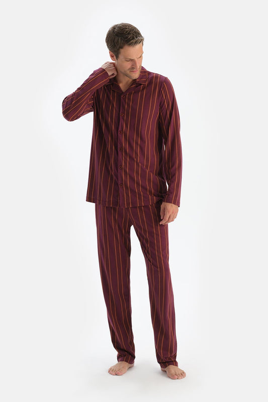 Bordo Çizgili Uzun Kollu Gömlek Pantolon Pijama Takımı