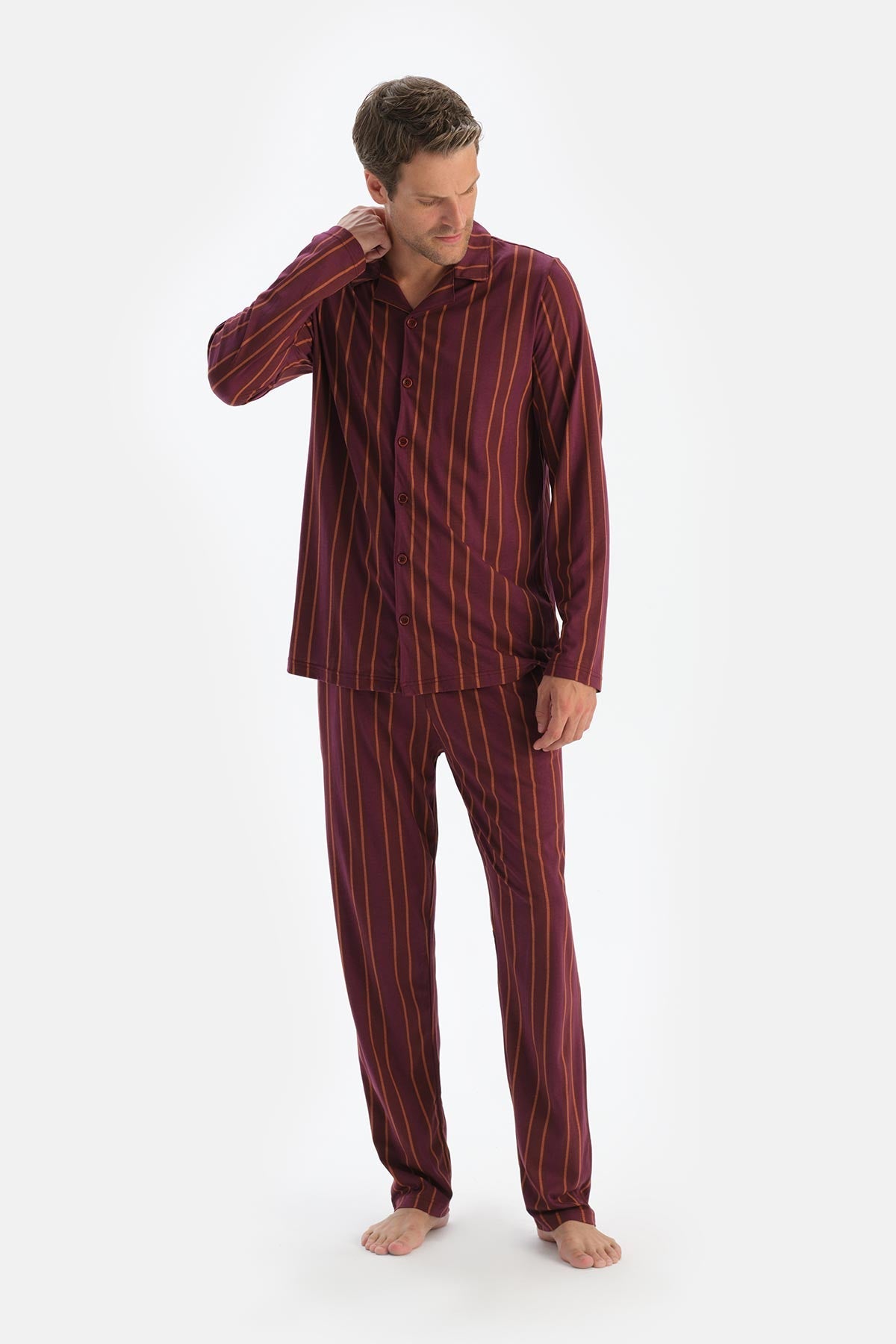 Bordo Çizgili Uzun Kollu Gömlek Pantolon Pijama Takımı