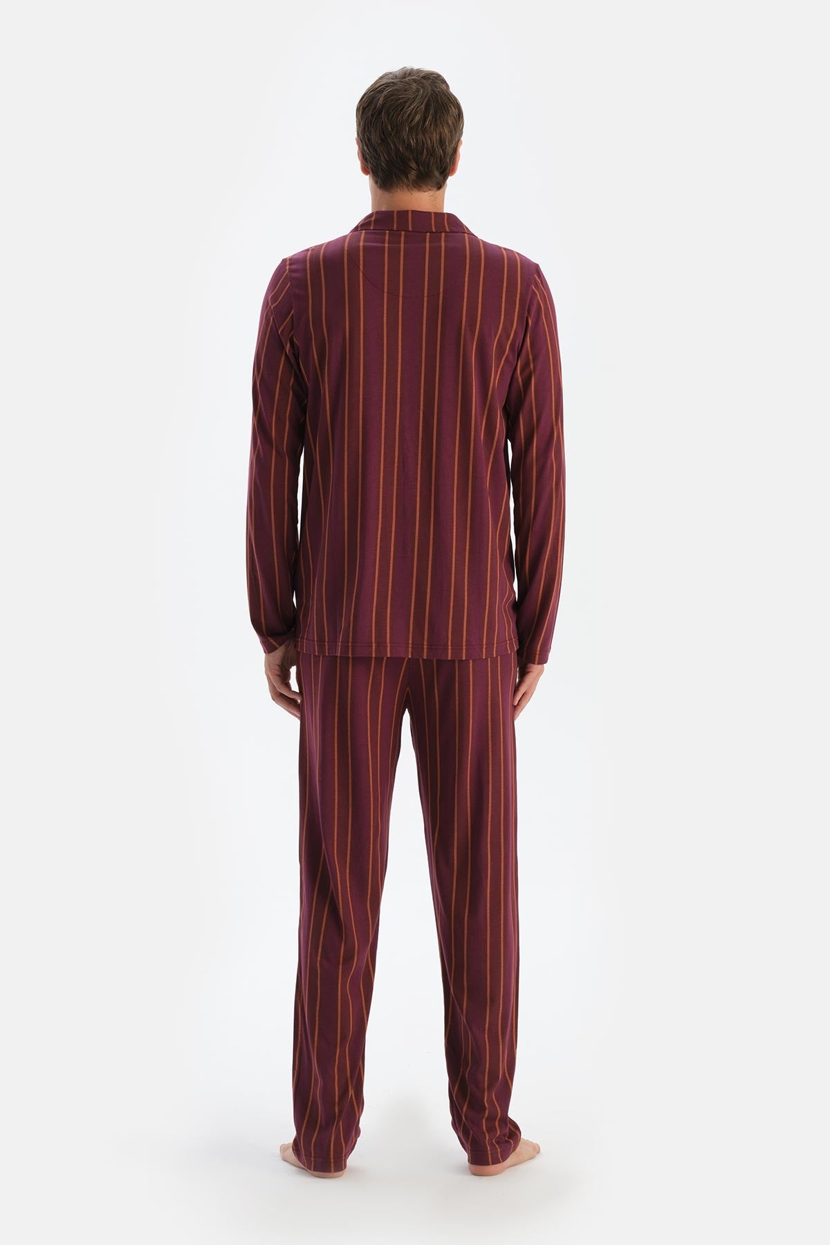 Bordo Çizgili Uzun Kollu Gömlek Pantolon Pijama Takımı