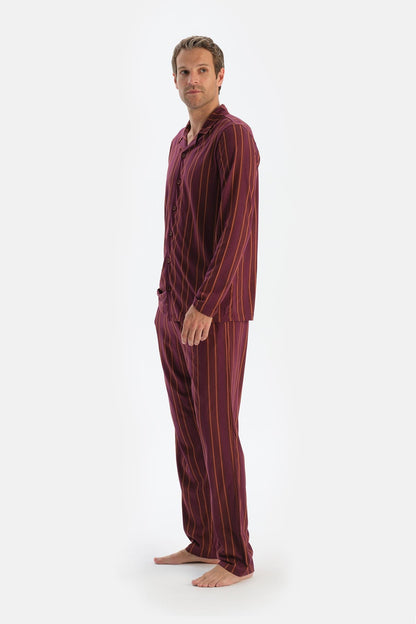 Bordo Çizgili Uzun Kollu Gömlek Pantolon Pijama Takımı