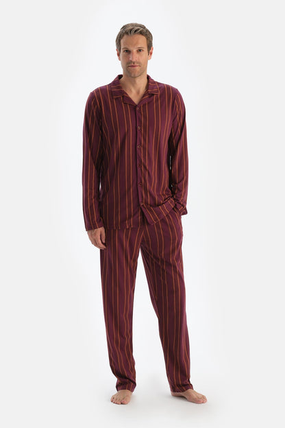 Bordo Çizgili Uzun Kollu Gömlek Pantolon Pijama Takımı