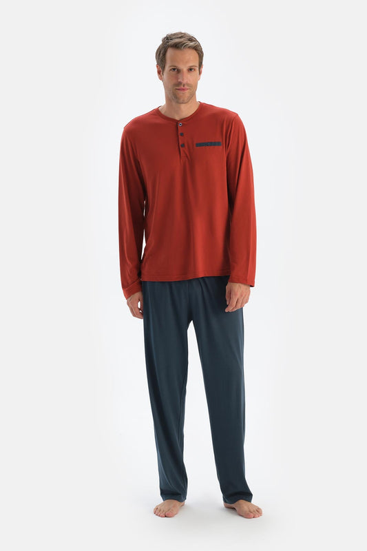 Kırmızı Yarım Patlı Uzun Kollu Penye Modal Tişört Pantolon Pijama Takı