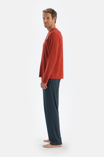 Kırmızı Yarım Patlı Uzun Kollu Penye Modal Tişört Pantolon Pijama Takı