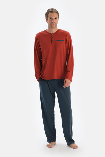 Kırmızı Yarım Patlı Uzun Kollu Penye Modal Tişört Pantolon Pijama Takı