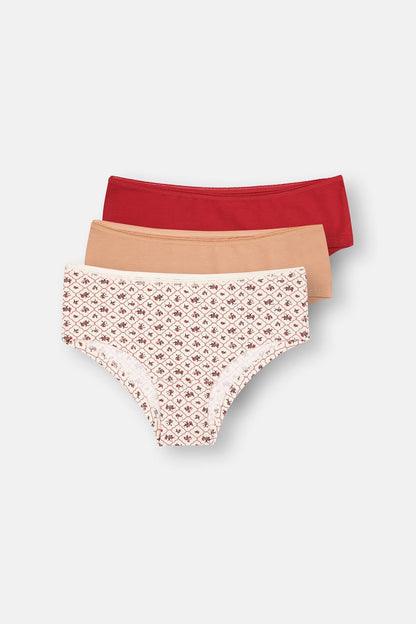 Ekru-kırmızı-sütlü Kahve Kadın 3'lü Desenli Hıpster Külot