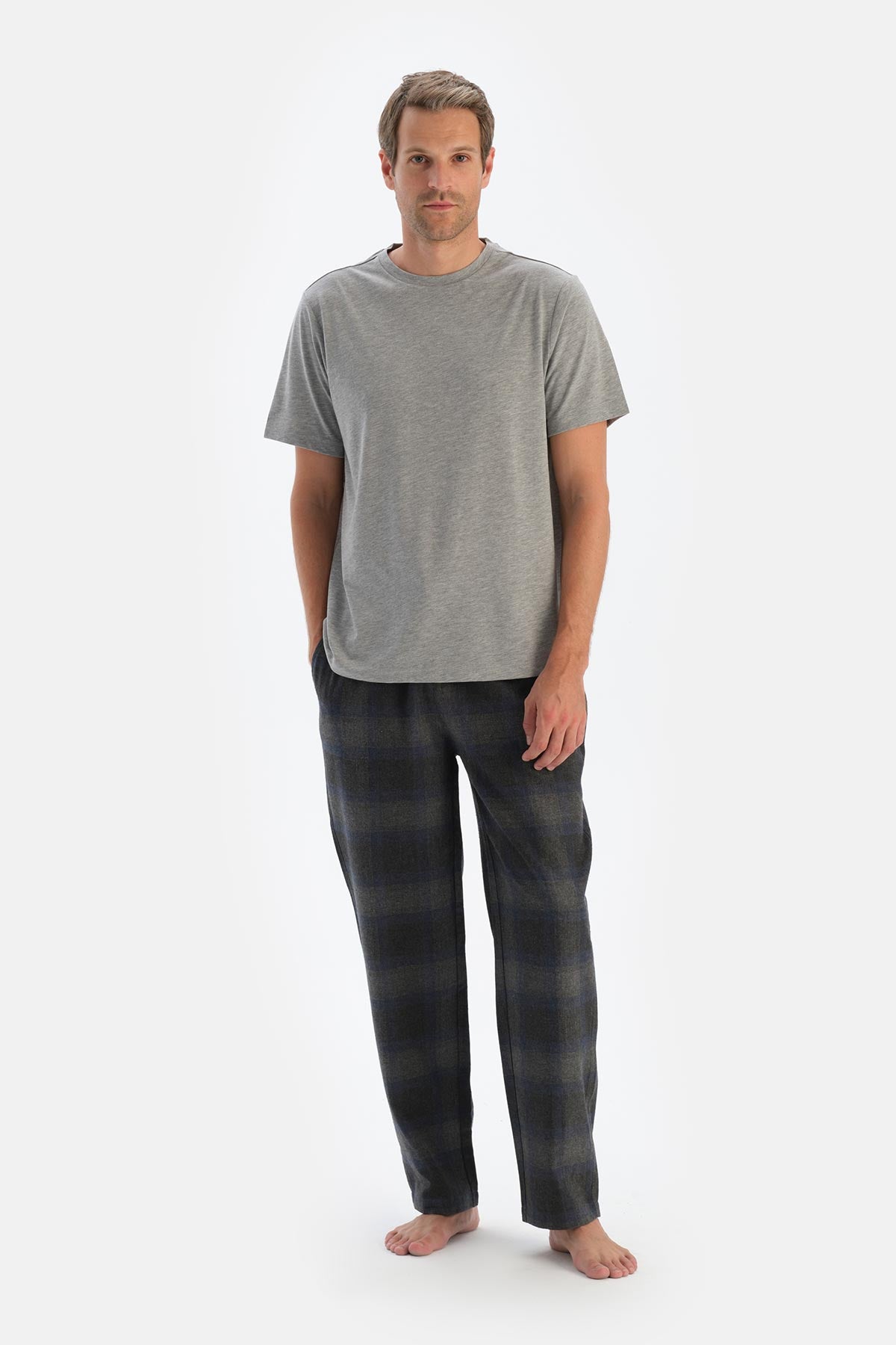 Füme Ekoseli Dokuma Pantolon Pijama Altı