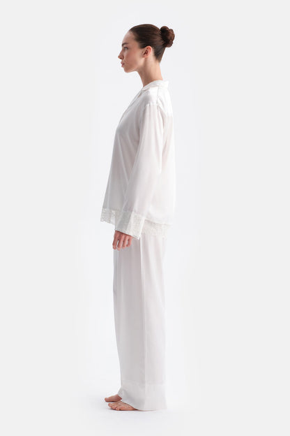 Beyaz Dantel Detaylı Saten Brıde Pantolon