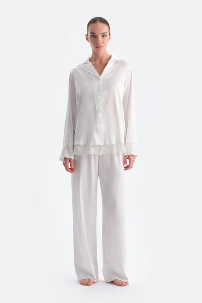 Beyaz Dantel Detaylı Saten Brıde Pantolon