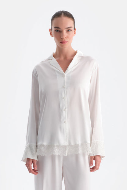Beyaz Dantel Detaylı Saten Brıde Gömlek