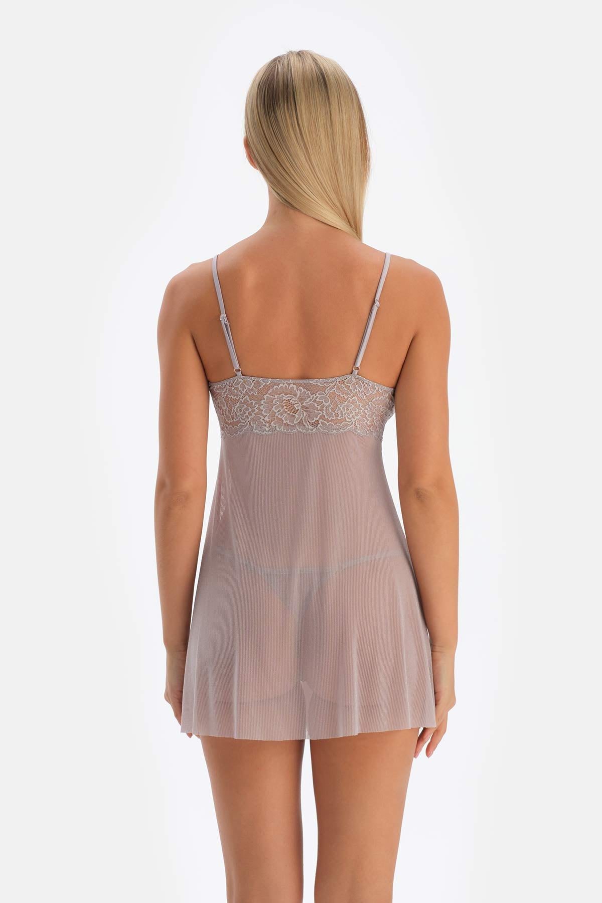 Açık Gri Dantel Ve Sim Detaylı Babydoll