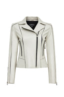 Kiara Kadın Bej Slim-fit Biker Deri Ceket
