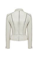 Kiara Kadın Bej Slim-fit Biker Deri Ceket