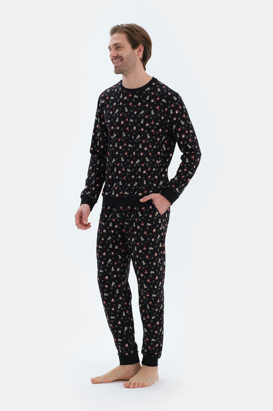 Siyah Metraj Baskılı Ipek Apre Interlok Pijama Takımı