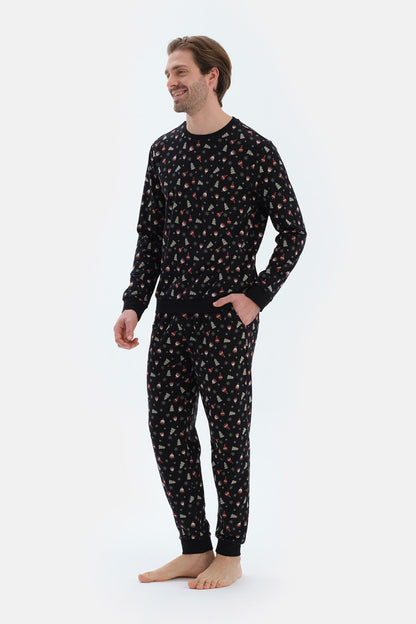 Siyah Metraj Baskılı Ipek Apre Interlok Pijama Takımı