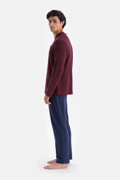 Bordo V Yaka Fleto Cepli Tişört Pantolon Pijama Takımı